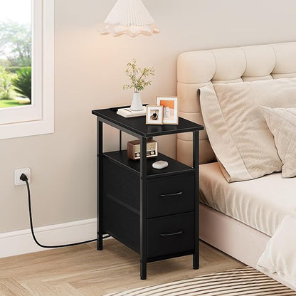 Vagusicc End Table with Charging Station Set of 2, Narrow Side Table, 23.8'' Tall Nightstand with 2 Drawers, Small Sofa Side Table Narrow Nightstand for Small Spaces, Living Room, Bedroom, Black
