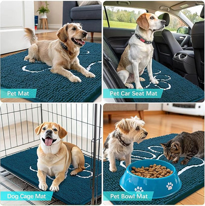 OLANLY Door Mat for Muddy Dog Paws 70x24, Absorbent Chenille Mud Doormat with Paw Print Design, Non-Slip Washable Doormat for Indoor Entryway, Quick-Dry Pet Bed Mats for Dirty Dogs, Atlantic Blue