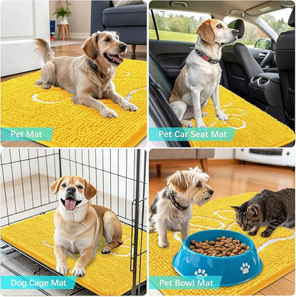 OLANLY Door Mat for Muddy Dog Paws 30x20, Ultra Absorbent Chenille Mud Doormat with Paw Print Design, Non-Slip Washable Doormat for Indoor Entryway, Quick-Dry Pet Bed Mats for Dirty Dogs, Yellow