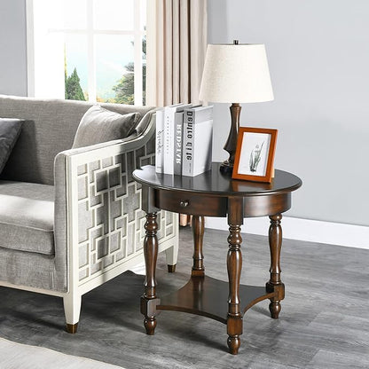 MODERION Oval End Table with Drawer, Solid Wood Sofa Side Table with Storage Shelf, Traditional Living Room Corner Table, Nightstand, Easy Assembly 28” x 22” x 24” Retro Walnut CJZ2233DC