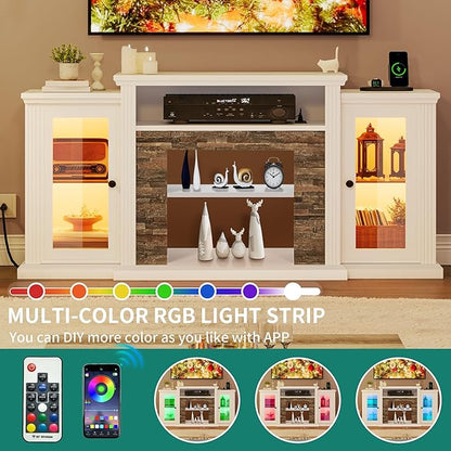 YITAHOME Modern TV Stand for 65 Inch TV, LED Entertainment Center with Power Outlets, Media Console TV Cabinet with Adjustable Shelves & Glass Door for Living Room, White, 59'' TV Stand