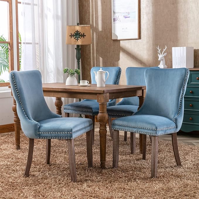 PacknWood Acosure Set of 2 Velvet Upholstered Wing-Back Dining Chair with Backstitching Nailhead Trim,Exquisite Furniture Stool W/Wood Legs,for Kitchen,Sitting Room,Light Blue