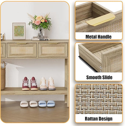 Entryway Table, Rattan Console Table with 3 Storage Drawers and Storage Shelf, Sofa Table with Socket, for Entryway, Living Room, Behind Couch and Hallway (Natural Wood)