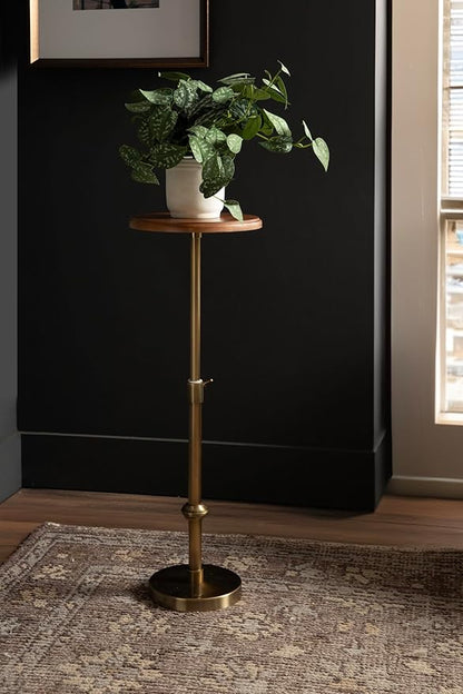 Kate and Laurel Engles Modern Adjustable-Height Pedestal Drink Table; 10 x 10 x 30; Walnut Brown and Brass; Mid-Century Round Indoor Metal Plant Stand with Solid Wood Tabletop