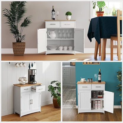 Buffet Cabinet with Storage, Coffee Bar Cabinet 26 x 30 Inches, Oak Top Sideboard Cabinet, Matte White Finish, Anti-Fall Drawers, Arched Doors, Adjustable Shelves