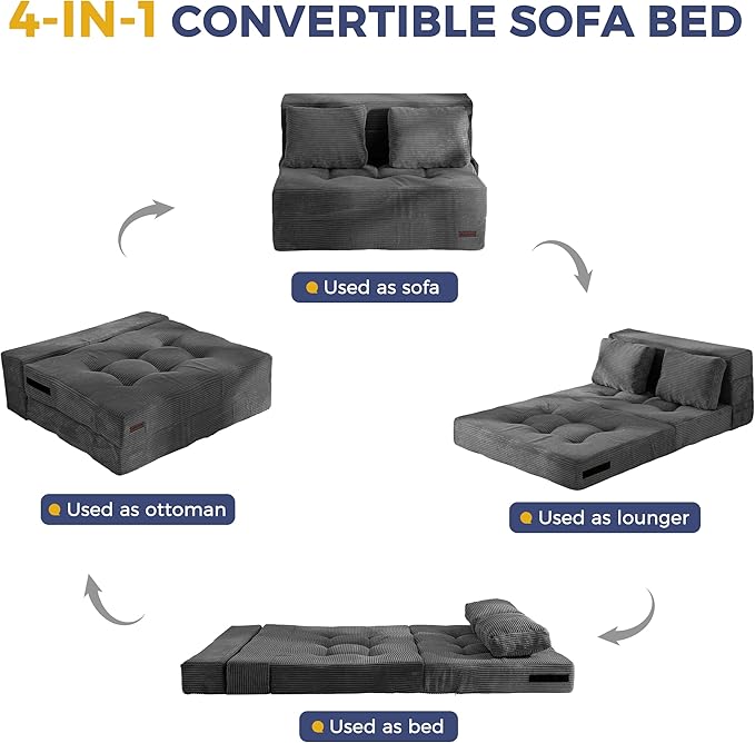 MAXYOYO Convertible Sofa Bed, Fold Out Loveseat Sleeper Sofa with Pillow, 4 in 1 Tufted Folding Couch Bed Foam Floor Couch, Lazy Chair for Living Room Bedroom Guest Room, Dark Grey