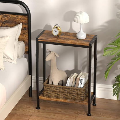 Narrow Side Table for Small Space, 2-Tier Small End Table with Shelf Holder, Slim Nightstand, Skinny Snack Couch Table in Living Room, Bedroom, Study, Kitchen and Balcony (Rustic Brown)