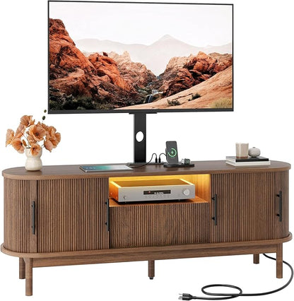 YITAHOME TV Stand with Mount and Power Outlet, Modern Entertainment Center with 3 Height Adjustment TV Mount for 32-70 inch TVs, LED Fluted TV Media Console with Sliding Doors, Curved Profile Design