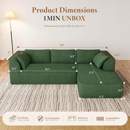 Vesgantti 106" Cloud Sectional Couch with Chaise, Deep Seat Modular Sectional Sofa Chenille Memory Foam Sofa Boneless Couches for Living Room Bedroom, No Assembly Required (Green, Right-Facing Chaise)