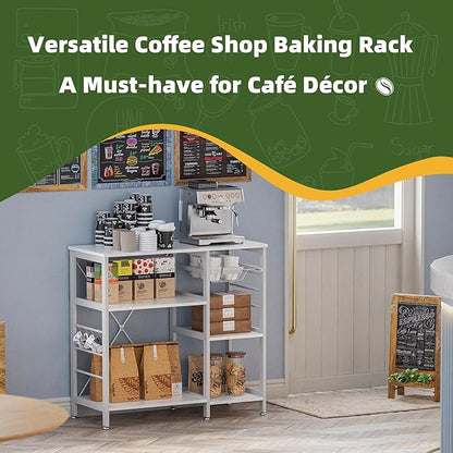 Baker’s Rack, Microwave Oven Stand with Bamboo Frame, 35.43" Coffee Bar with Wire Basket & 6 Hooks, 3-Tier Kitchen Storage Shelf Stand for Kitchen, Living Room, Office, White