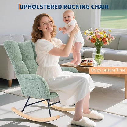 Nursery Rocking Chair,300Lb Glider Chair with Wood Legs/Two Side Pockets,Teddy Upholstered Glider Rocker with Padded Seat High Backrest for Living Room/Bedroom/Nursery