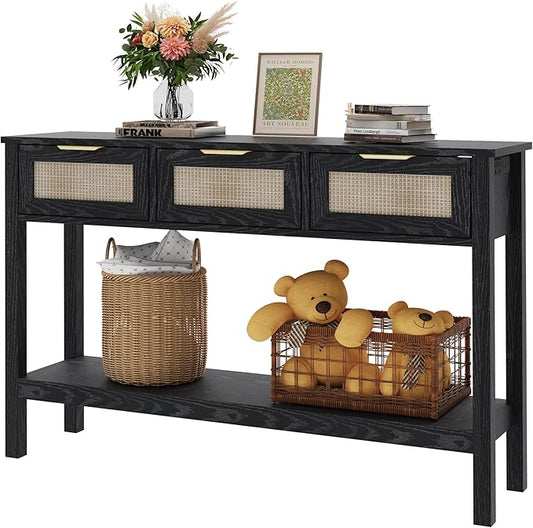 Entryway Table, Boho Console Table with 3 Storage Drawers and Storage Shelf, Sofa Table with Socket, for Entryway, Living Room, Behind Couch and Hallway (Black)
