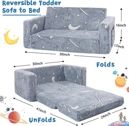 Toddler Couch,Toddler Chair, 2-in-1 Baby Seat Furniture Fold Out, Convertible Sofa to Lounger Soft Comfy Glow in The Dark Kids Sofa Bed Gifts for Kids Girl Boys,Star,Large