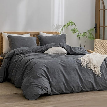 BESTOUCH Duvet Cover Set 100% Washed Cotton Linen Feel Super Soft Comfortable Chic Lightweight 3 PCs Home Bedding Set Solid Dark Black Queen