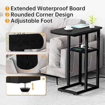 C Table End Table with Charging Station, Couch C Shaped Side Table for Living Room, Bedroom, Laptop Table with USB Ports and Type-C Port, Snack Tray Table for Couch, Black