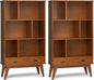 SIMPLIHOME Draper 35 inch Mid-Century Modern 6 Cubbie Bookcase with Drawer (Set of 2) in Teak Brown for The Living Room, Study Room and Office