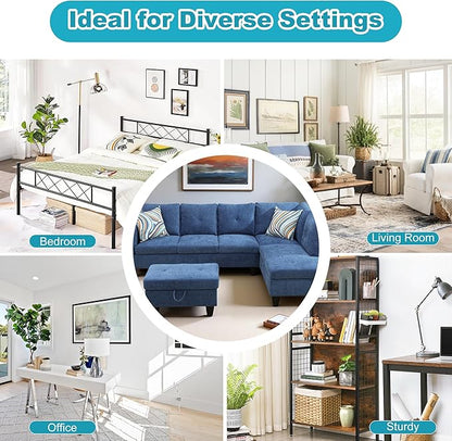Couches for Living Room Modern L Shaped Couch Comfy Linen Fabric 3 Pieces Sectional Sofa with Chaise, Ottoman with Storage for Office and Small Apartment, Blue