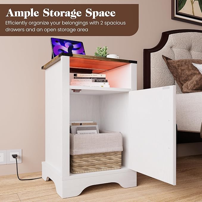 RoyalCraft Farmhouse Nightstand Set of 2, White Night Stand with LED Lights and Charging Station, Bedside Table Set of 2 with Storage and Door, Wood End Table for Bedroom, Home Office, Antique White