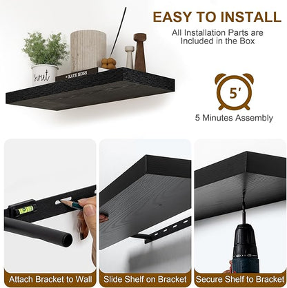 Fun Memories Deep Black Floating Shelves, 8 Inch Deep Floating Shelf for Wall, Rustic Black Wall Shelves 55 Inch Long, Large 55 x 8 Storage Shelves for Living Room, Bedroom, Kitchen