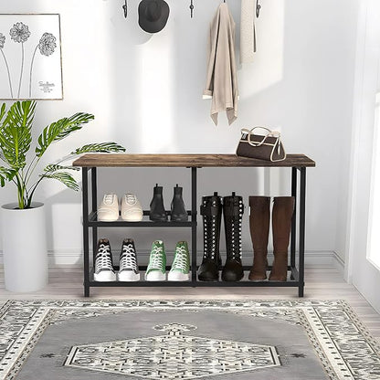 Rustic Wood Bench with 3-Tier Shoe Rack for Small Spaces - Free Standing Shoe Storage Shelf with Boot Organizer