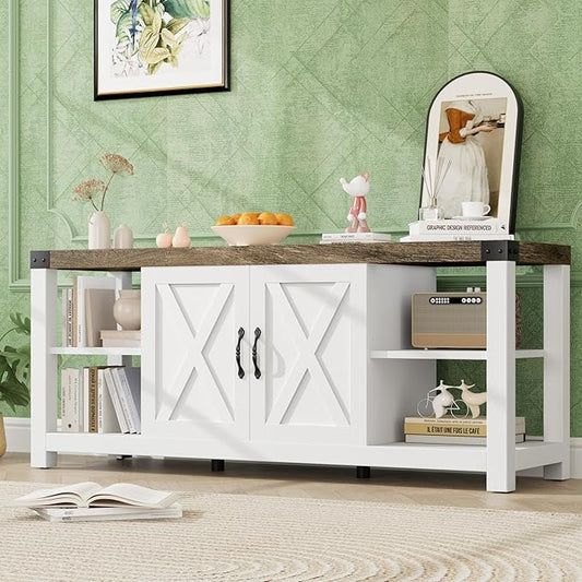 TV Stand for 65 Inch TV, 60 Inch Entertainment Center with Storage, Farmhouse TV Console Table with Shelves, Wooden Media Console Cabinet with Doors, Modern TV Stand for Living Room, Bedroom - White