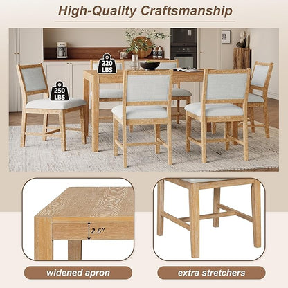 Merax 7 Pieces Retro Dining Set for 6, Rectangular Wood Dining Table with 6 Upholstered Chairs for Kitchen, Living Room, Natural