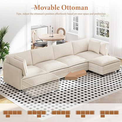 Vesgantti 143" L Shaped Modular Sectional Sofa, Comfy Corduroy Upholstered Modular Sectional Couches for Living Room, Modern Cloud Couch with Ottoman Deep Seat, Beige