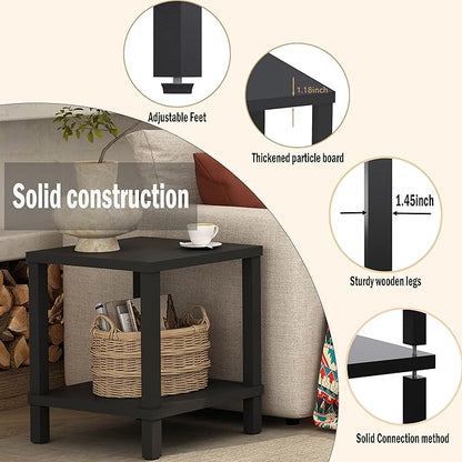 Large End Table Square Side Table Modern Sofa Table 20 Inch Industrial Coffee Table NightStand with 2-Tier Storage Shelf for Living Room Bedroom Black MLBZ06B