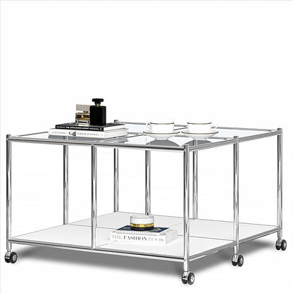 Matte Coffee Table with Open Storage, Square Tempered Glass Storage Rolling Coffee Table, Modern Design for Living Room, Meeting Room (White)