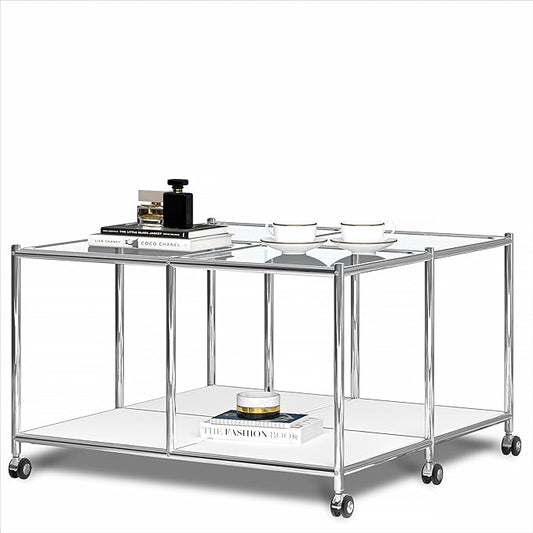Matte Coffee Table with Open Storage, Square Tempered Glass Storage Rolling Coffee Table, Modern Design for Living Room, Meeting Room (White)