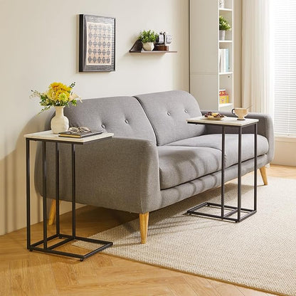 Side Table Small End Table C Shaped, Slide Under Laptop Desk for Couch, Living Room Side Table, TV Trays for Eating on Couch, Faux Marble+Black YD-TM051B