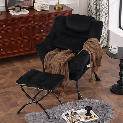 Lazy Chair with Ottoman, Modern Accent Chair with Lumbar Pillow, Comfy Chairs with Folding Footrest for Bedroom, Reading, Oversized Supportive Lounge Chairs(Velvet Black)