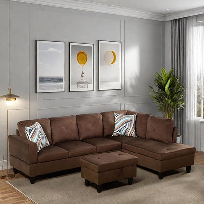 L Shaped Sectional Couches, Modern Modular Sectional Sofa Furniture for Living Room Bedroom, Comfy 4 Seat Couch with Ottoman Storage & Chaise, Brown