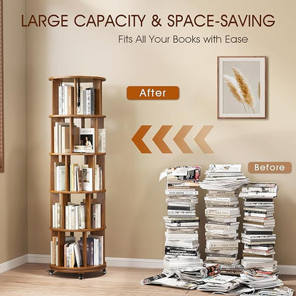 5 Tier Rotating Bookshelf Tower Spinning Bookshelf with Swivel Wheels Book Shelf Rotating Storage Tower for Kids Adult Narrow Walnut Solid Wood Revolving Bookcase Organizer for Bedroom Living Room