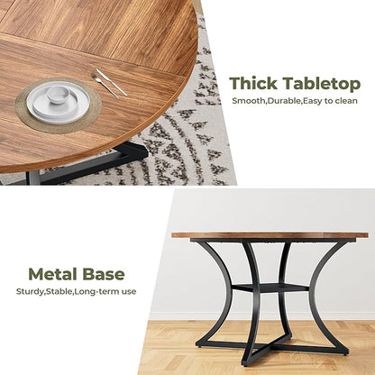 IRONCK 47.2" Round Dining Table for 4, Wood Kitchen Table with Storage Shelf for Dining Room, Dinner Table with Wooden Tabletop and Metal Base, Cherry