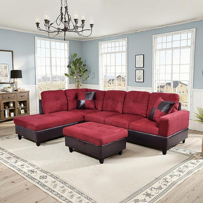 NicBex Sectional Couch 3 Pieces Sofa Set with Right Chaise Flannel PVC L Shaped Cloud Couch for Living Room Furniture Sets with Storage Ottoman, Modular Sofa for Living Room & Apartment, Red+Black