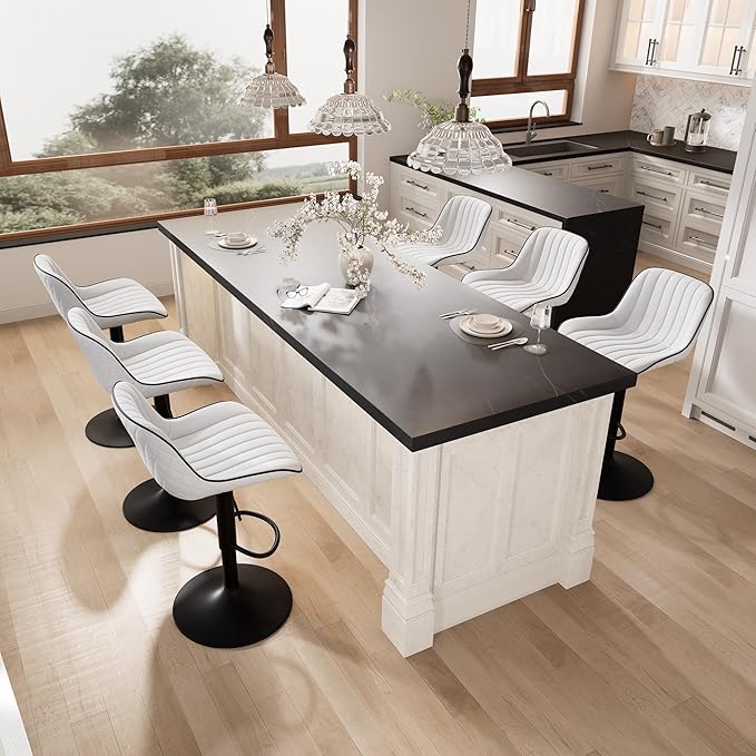 YOUNIKE White Bar Stools Set of 2 Kitchen Counter Height Barstools Upholstered Swivel Modern Faux Leather Bar Chairs with Backs Adjustable High Breakfast Island Stool with Metal Leg
