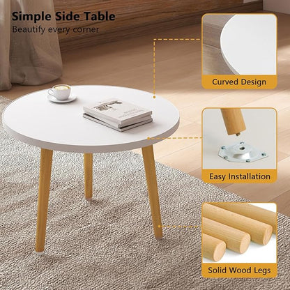 Round Coffee Table Low Table with 3 Solid Wood Sturdy Legs, Floor Table Desk for Sitting on The Floor, Storage and Living Room Furniture (White)