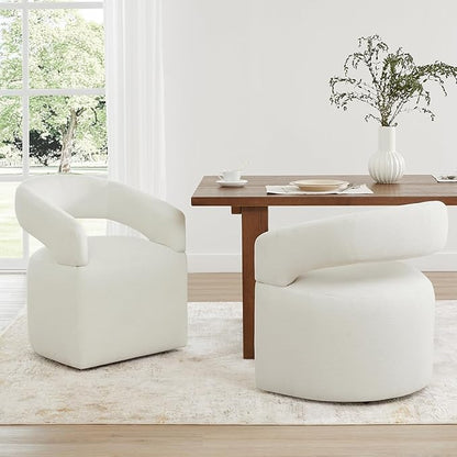 Upholstered Dining Chairs with Removable Casters Barrel Side Armchair with Rollers for Diningroom Bedroom Livingroom Reading Room, Ivory, 4PCS