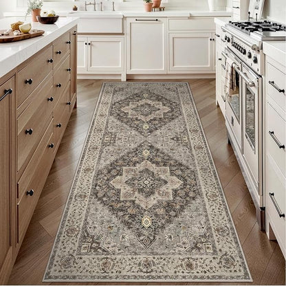 Tangsoo 2x6 Washable Runner Rug for Hallways, Non Slip Vintage Runner, Soft Low Pile Long Rug Runner, Print Distressed Brown/Grey Carpet Runners for Kitchen Bedroom Entryway Bathroom Living Room