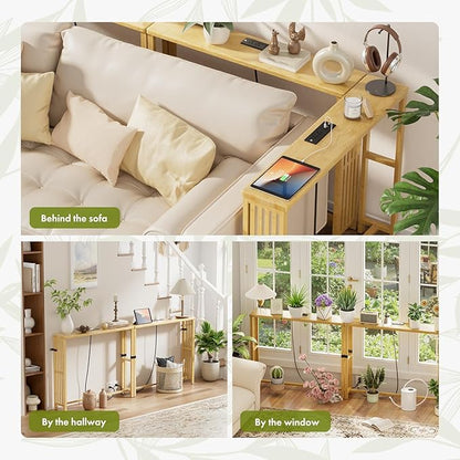 2 Pack Narrow Console Table Bamboo, 78.8" Long Entryway Tables with 2 Power Outlets and USB-C Ports, Couch Table Behind Sofa for Display, Hallway, Living Room, Bedroom, Foyer, Natural