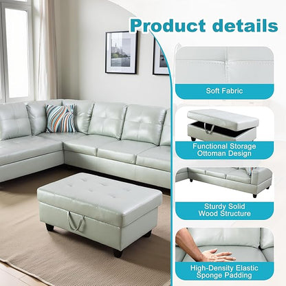 L Shaped Couch PU Leather Sectional Couch Upholstered 3 Pieces Sofas for Living Room with Chaise, Storage Ottoman for Office and Small Apartment, Silver Green
