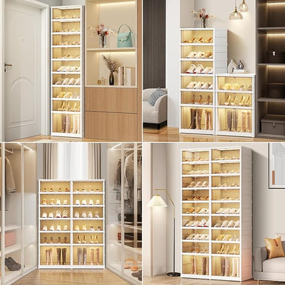 6 Tier Foldable Shoe Rack Organizer for Closet 6-12Pairs Plastic Collapsible Shoe Racks Shelf Stackable Clear Folding Shoes Storage boxes for Small Spaces Narrow Shoe Storage Cabinet