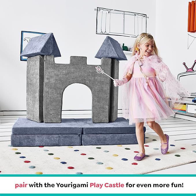 Yourigami Kids and Toddler Play Couch, Convertible Folding Sofa, Durable Foam Modular Design, Blue Lagoon
