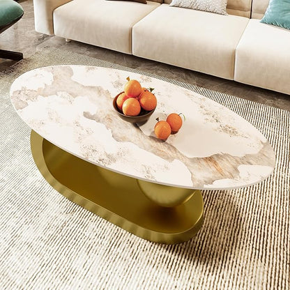 Merax 47.2" Modern Oval Coffee Table, Marble Pattern Sintered Stone Coffee Tabletop with Gold Stainless Steel Base for Living Room, White+Gold