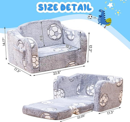 Lamerge 2-in-1 Toddler Couch,Glow in The Dark Baby Floor Bed,Foldable Toddler Chair Kids Sofa for playroom,Convertible Sofa to Lounger for Girls and Boys (Grey and Football)