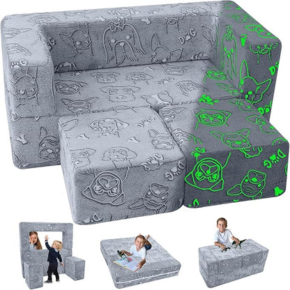 MeMoreCool Kids Sofa Couch, Glow in Dark Toddler Chair Fold Out, Modular Play Couch for Playroom, Child Foam Blocks Convertible Baby Furniture (Glowing Dogs)