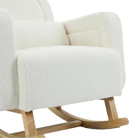 Christopher Knight Home Kiin Wooden Rocking Chair Indoor with Curved Back, Teddy Upholstered Rockers with Pillow, Comfy Accent Chair with Armrest for Bedroom, Living Room, Offices, Cream White