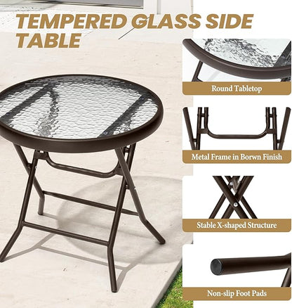 Foldable Patio Side Table Set of 2 with Tempered Glass Top 18" Folding Outdoor Side Tables Set of 2 Small Glass Patio End Tables for Porch Yard Balcony Deck Lawn Dining Garden (Brown)