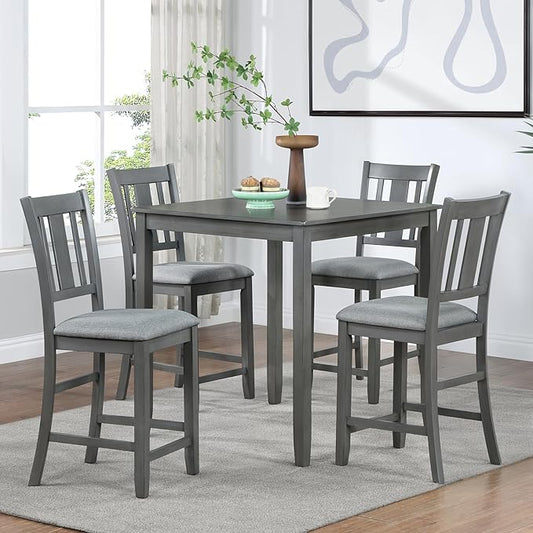 KEIKI 5-Piece Counter Height Dining Table Set with Square Table and 4 Upholstered Slatted Backrset Chair, for 4 Person, Modern Style Wooden Table Set, Easy Assembly, for Kitchen, Dining Room, Gray